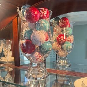 Festive Glass Vase with Red, Teal, and White Holiday Ornaments